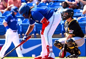 Toronto Blue Jays first baseman Vladimir Guerrero Jr. (27) prepares to bat against the Pittsburgh Pirates at TD Ballpark. 