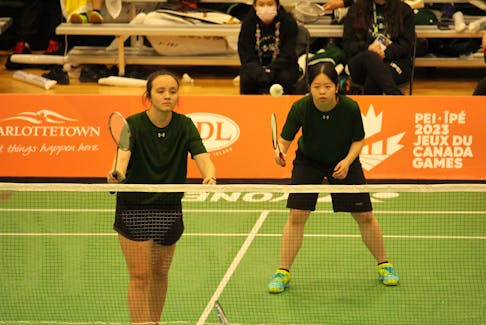 At the Chi Wan Young Sports Centre, the badminton team played in the 9th place match of the team event against Nunavut.
Hayden Ford, left and Jiahui Pan secured another win on the final day of the 2023 Canada Winter Games on March 5.
