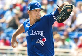 Blue Jays starting pitcher Jose Berrios throws against the Philadelphia Phillies during the first inning of spring training action in Dunedin, Fla., on Sunday, March 5, 2023. 