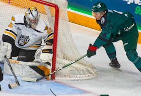 Halifax Mooseheads captain Attilio Biasca tries to score on a wraparound attempt against Cape Breton Eagles goalie Nicolas Ruccia during QMJHL action in Halifax on Saturday, March 4, 2023.
Ryan Taplin - The Chronicle Herald