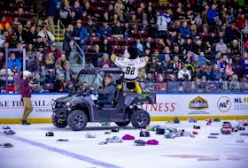 The Newfoundland Growlers former mascot, Buddy the Puffin, celebrates the hockey club’s first Underwear and Sock toss in March 2020. PHOTO CREDIT: Jeff Parsons