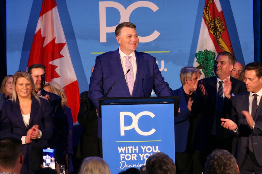 Progressive Conservative leader Dennis King, surrounded by candidates from his party, told a friendly crowd in his home district he visited the lieutenant-governor on March 6. An election will be held on April 3.