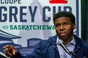  Michael “Pinball” Clemons speaks to the media before the 2022 Grey Cup in Regina.