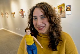 Photo-based artist Vanessa Iafolla, displays one of the dolls...bearing her likeness  from her project, Fielding Season, at the Viewpoint Gallery in Halifax Monday March 6, 2023.

TIM KROCHAK PHOTO