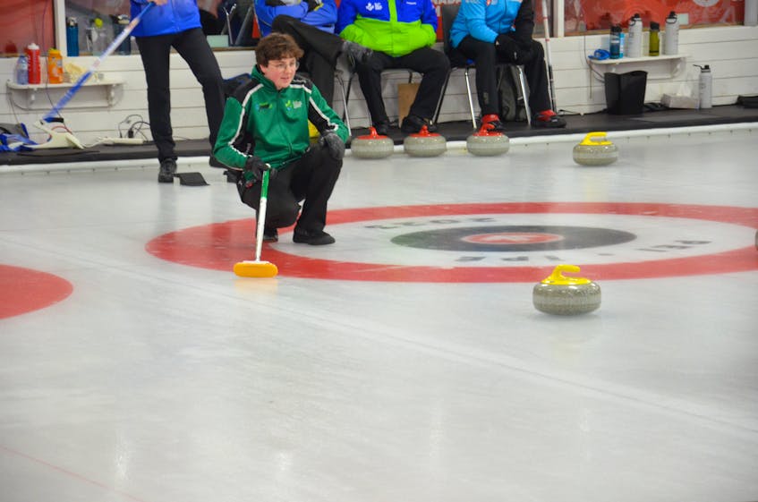 P.E.I. skip Brayden Snow follows a shot during a game in the 2023 Canada Winter Games’ male curling competition at the Silver Fox Entertainment Complex in Summerside last week. The Snow rink completed play with a record of 4-3 (won-lost). Jason Simmonds • Journal Pioneer