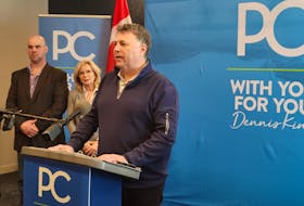 Progressive Conservative party leader Dennis King makes a health care  announcement in Summerside on the first day of P.E.I.'s election campaign, flanked by Summerside candidates Tyler DesRoches and Barb Ramsay.- Stu Neatby