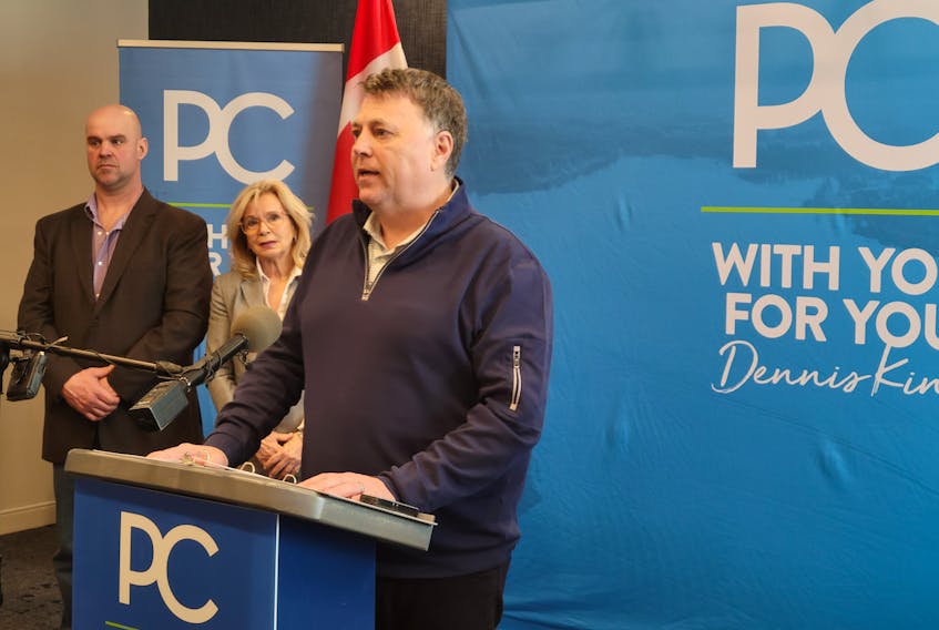 Progressive Conservative party leader Dennis King makes a health care  announcement in Summerside on the first day of P.E.I.'s election campaign, flanked by Summerside candidates Tyler DesRoches and Barb Ramsay.- Stu Neatby