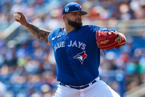 Mar 8, 2023; Dunedin, Florida, USA;  Toronto Blue Jays starting pitcher Alek Manoah throws a pitch against the Minnesota Twins in the first inning during spring training at TD Ballpark. 