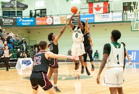 UPEI Panthers guard Elijah Miller, 0, releases a shot during an Atlantic University Sport (AUS) men’s basketball game against the Saint Mary’s Huskies at the Chi-Wan Young Sports Centre in Charlottetown on Feb. 5. The Panthers open play at the U Sports men’s national basketball championship in Halifax, N.S., against the Victoria Vikes on March 10. Janessa Hogan Photo • Courtesy of UPEI Athletics