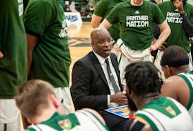 UPEI Panthers head coach Darrell Glenn talks to the team during a timeout in an Atlantic University Sport (AUS) men’s basketball game at the Chi-Wan Young Sports Centre at UPEI earlier this season. Glenn, in his sixth year coaching the Panthers, has guided the Panthers to the U Sports men’s national basketball championship in Halifax this weekend. Janessa Hogan • UPEI Athletics