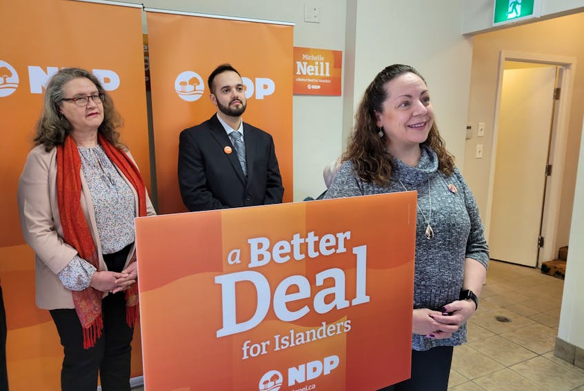 P.E.I. NDP leader Michelle Neill, right, became the first party leader to release a platform in the 2023 provincial election. She is joined by Tyne-Valley Sherbrooke candidate Carol Rybinski, left, and Charlottetown-Hillsborough Park candidate Tristan Mitchell at an announcement March 9 in Charlottetown. The platform does not contain costing details. Stu Neatby • The Guardian