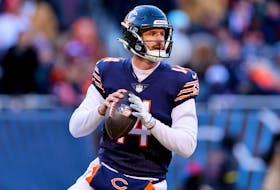 Nathan Peterman of the Chicago Bears throws the ball during the second half in the game against the Philadelphia Eagles at Soldier Field.