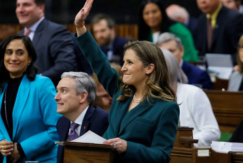Finance Minister Chrystia Freeland presents the federal budget for fiscal year 2023-24 in Ottawa, on March 28.