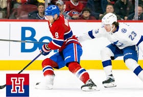 Canadiens Mike Matheson spins away from check by the Tampa Bay Lightning's Michael Eyssimont on March 21, 2023.
