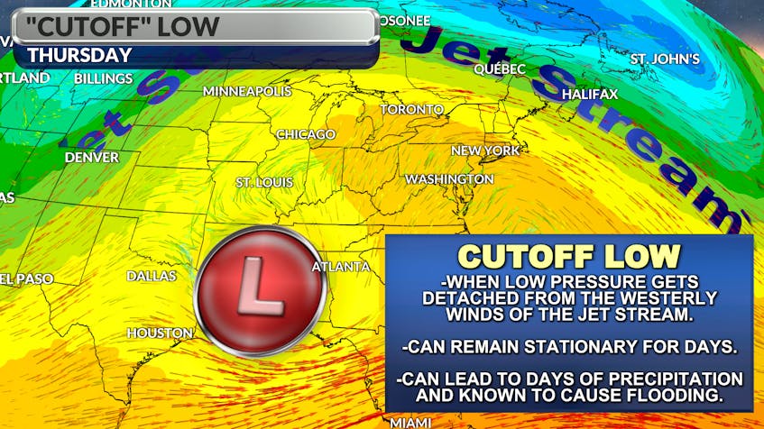 A look at the position of a cutoff low that has been stationary over the southeastern U.S. for much of the week.