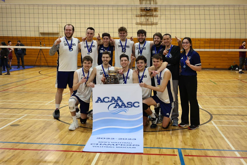 In front of a capacity crowd at Church Point, the host Sainte-Anne Dragons defeated the Holland Hurricanes of Prince Edward Island to win the Atlantic Collegiate Athletic Association men’s volleyball championship and qualify for the nationals in Toronto. CONTRIBUTED