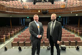 Sydney-Victoria MP Jaime Battiste, left, visits the Highland Arts Theatre with artistic and executive director Wesley Colford. The theatre is receiving $625,000 from the federal government to install a new fire supression system. Contributed