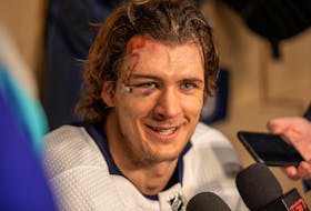 Halifax's Morgan Barron received a reported 75 stitches after a skate blade cut his face open during a Winnipeg Jets playoff game against the Las Vegas Golden Knights on Tuesday. - Winnipeg Jets