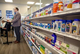 Minister of Addictions and Mental Health Brian Comer gives his remarks during the announcement of the Nova Scotia Community Pharmacy Primary Care Clinic program expansion at the Medicine Shoppe Pharmacy in Dartmouth on Wednesday, April 26, 2023. TIM KROCHAK