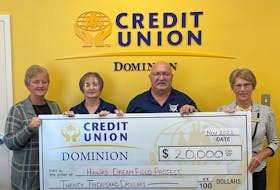 The Dominion Credit Union recently made a donation to the Hawks Dream Field project. From left are Darlene Mackie, board chair, Toni McNeil, Hawks Dream Field committee member, Sheldon Saccary, Hawks Dream Field committee member, and Credit Union Manager Rina Gouthro. CONTRIBUTED