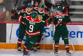 The Halifax Mooseheads celebrate a second-period goal against the Moncton Wildcats during QMJHL playoff action in Halifax on Saturday, April 23, 2023. The Mooseheads won the game 7-3 and will move on to the third round of the playoffs.
Ryan Taplin - The Chronicle Herald