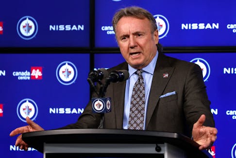 Apr 2, 2023; Winnipeg, Manitoba, CAN; Winnipeg Jets head coach Rick Bowness addresses the media after their win over the New Jersey Devils at Canada Life Centre. Mandatory Credit: James Carey Lauder-USA TODAY Sports  Winnipeg Jets head coach Rick Bowness addresses the media after an NHL game at Canada Life Centre. - James Carey Lauder-USA TODAY Sports
