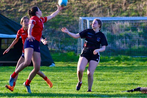 King's-Edgehill's Ava Shearer used her height advantage to secure the ball for her team during rugby action April 28. The KES girls' A squad will be competing in the Highlanders' Rugby Classic final on April 30.