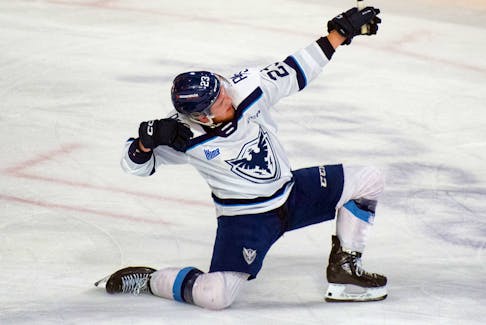 Sherbrooke Phoenix right wing Jacob Melanson celebrates his first-period goal against the Halifax Mooseheads during QMJHL action in Halifax on Saturday, April 29, 2023.
Ryan Taplin - The Chronicle Herald