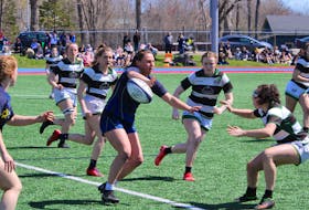 Nova Scotia Keltics fly half Hannah Ellis unloads the ball to a teammate during senior women’s rugby action against the P.E.I. Abbies April 29 in Windsor.