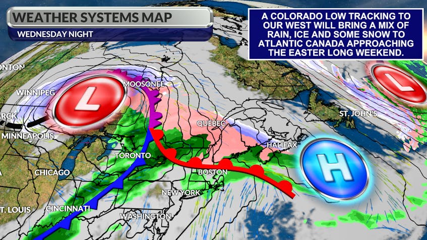 Warm and cold fronts from a Colorado low will bring a messy mix of weather to Atlantic Canada mid-to-late week.