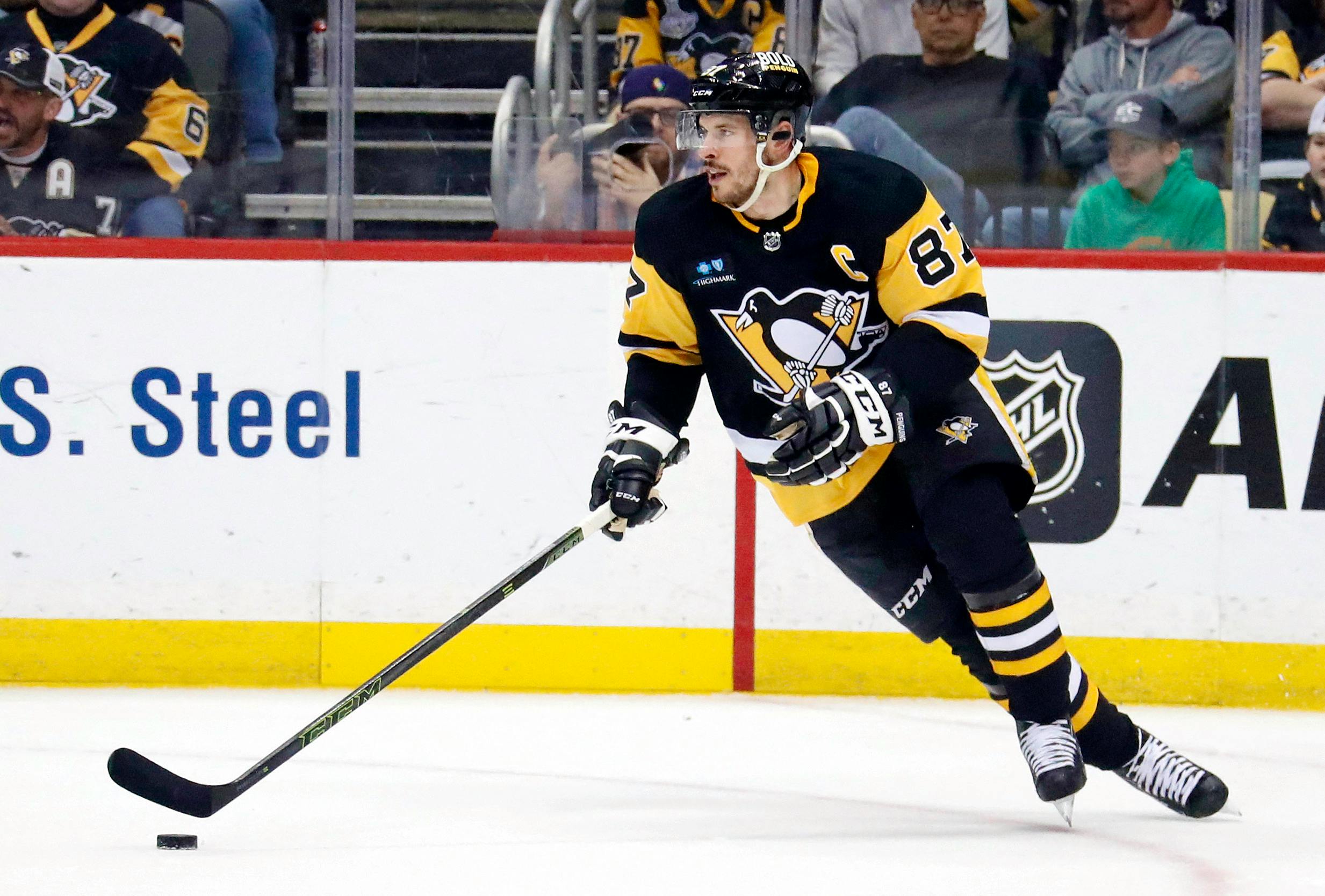 Sidney Crosby of the Pittsburgh Penguins looks on during a