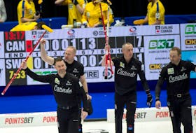 Brad Gushue and his Team Canada rink are headed to the gold medal game at the 2023 BKT Tires & OK Tire World Men’s Curling Championship being held in Ottawa, Ont. Canada beat Switzerland in 7-5 in the semifinal. Michael Burns/Curling Canada