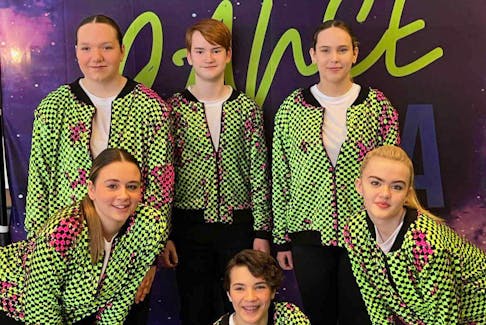 The intermediate team at Gander Dance Studio donned their Fresh Prince of Bel-Air jackets for tap competition at Wanna Dance Canada in St. John's in March. Front, from left, Olivia Hayden, Peyton Hurtubise and Jorgia Crisby. In back, Amelia Rideout, Sawyer Ralph and Larkin Kean. CONTRIBUTED