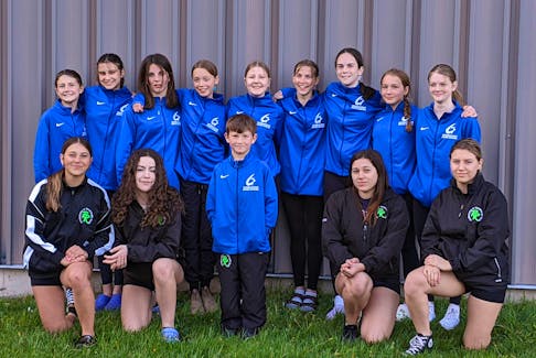 Rainbow Riders members in their blue Team Nova Scotia jackets are heading to the Eastern Canadian Trampoline and Tumbling Championships in Quebec May 12-14. The members in black jackets qualified but are not able to go due to other commitments. Front row, from left, are Hildie Avery, Lyndsi Jessome, Mackenzie Roach, Emily Redmond and Eva Hebb. Second row, Laurelle Comeau, Charlotte Green, Leanne Bent, Lola Hutchinson, Nicole Kucharski, Addison Roscoe, Zara Kenley, Rylee Armstrong and Addisyn Spinney. Contributed