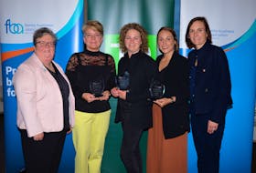 At a recent dining event Family Business Atlantic celebrated four women leading their family wine businesses. (L-R): Nora Perry,  Women Entrepreneurship Knowledge Hub, Beatrice Stutz, Grand Pre Wines, Devon McConnell-Gordon and Ashley McConnell-Gordon, Benjamin Bridge, Geena Luckett, Luckett Vineyards. Photo: John Abbass