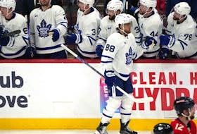 Maple Leafs' William Nylander celebrates a goal against the Florida Panthers during the second period in Game 4 of their second-round playoff series oat FLA Live Arena. 