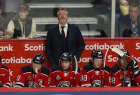 Quebec Remparts head coach Patrick Roy stands on the bench during a Jan. 12 QMJHL game at the Scotiabank Centre.