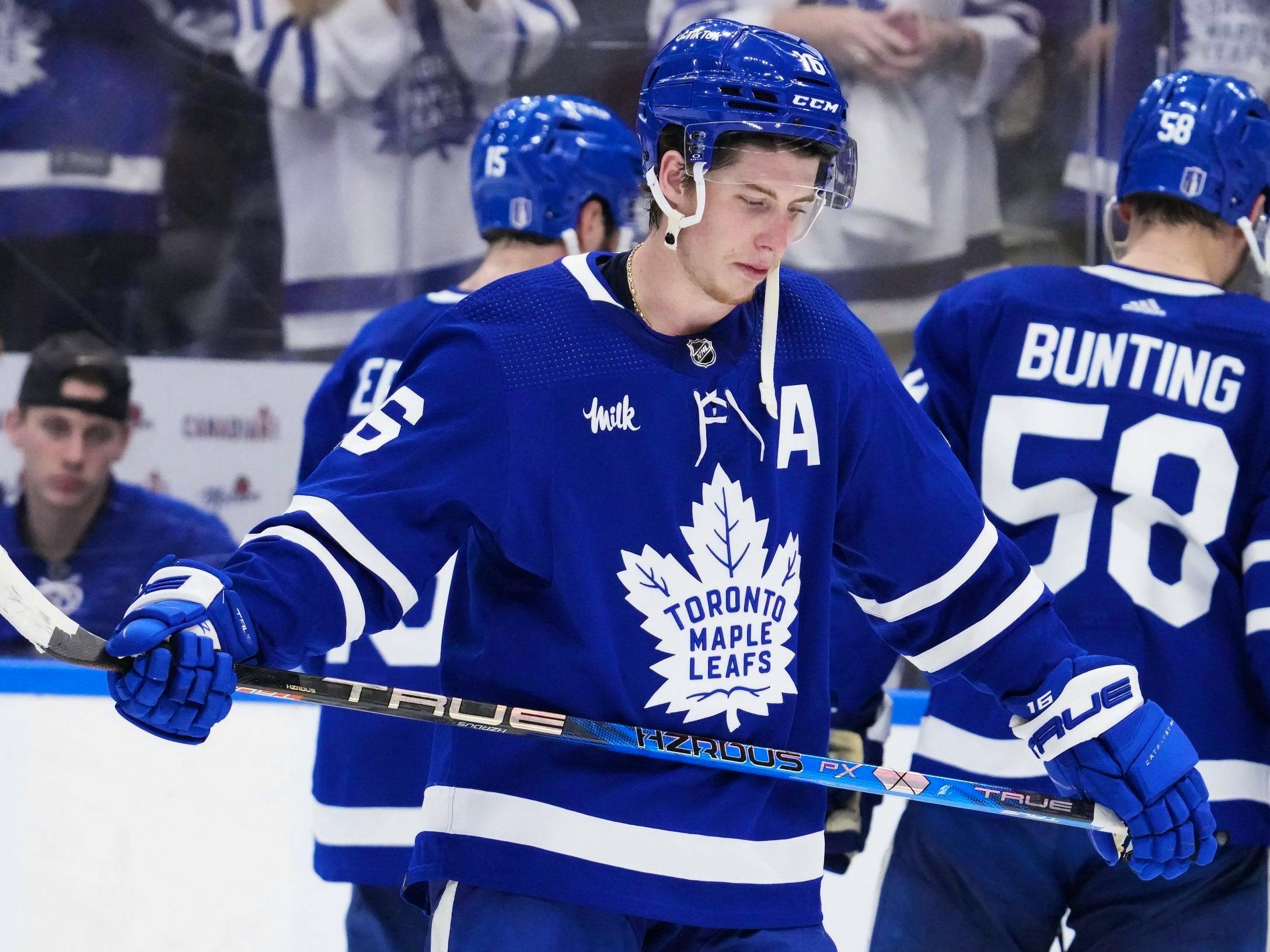 Mitchell Marner of the Toronto Maple Leafs leaves the ice after