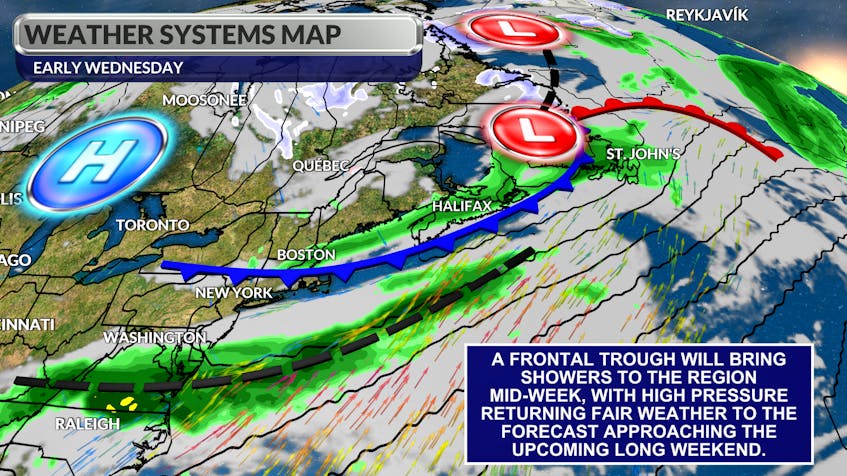 Showers will move through Atlantic Canada mid-week, with conditions improving ahead of the long weekend.