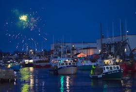 The Glace Bay harbour lit up with fireworks at 5 a.m. Monday as about 30 lobster boats headed out to set traps on the first day in their region, eastern Cape Breton. BARB SWEET/CAPE BRETON POST