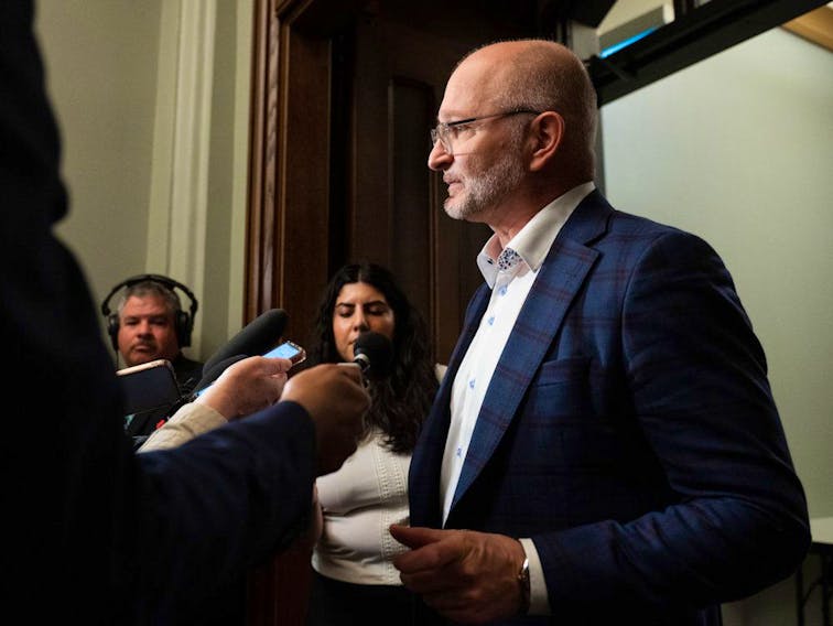 Minister of Justice David Lametti speaks to reporters after a Parliament Hill caucus meeting on Wednesday, May 10, 2023. 