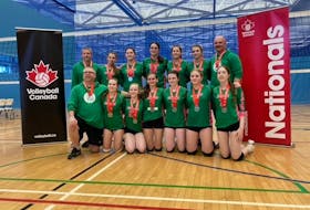 The Avalon Altitude under-14 female volleyball team recently brought home a silver medal from the 2023 Under-14 Volleyball Canada National Championship held in Halifax May 12-14. It is believed to be the highest finish at a national volleyball event for a female team from the province. Members of the team are — front (left-right) — head coach John Slauenwhite, Maddie Dwyer, Avery Hiscock, Maddie Piercey, Ava Spurrell, Quinn Burgess-Dalley and Leah White; back — assistant coach Dion Piercey, Molly Cadigan, Carlee Woodrow, Emily Duffy, Maria Stamp, Allie Piercey and assistant coach Brad Piercey. Contributed photo