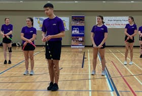 Makenzie Adams of Halifax (far right, back) gets ready for a competitive skipping group routine at the Nova Scotia provincial jump rope championships at Cole Harbour High on March 25. Colin Hodd