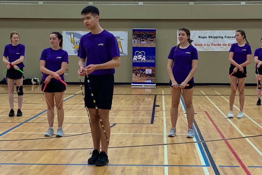 Makenzie Adams of Halifax (far right, back) gets ready for a competitive skipping group routine at the Nova Scotia provincial jump rope championships at Cole Harbour High on March 25. Colin Hodd