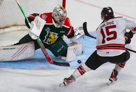 Halifax Mooseheads goalie Mathis Rousseau makes a second-period save on Quebec Remparts left wing Zachary Bolduc during QMJHL finals action in Halifax on Wednesday, May 17, 2023.
Ryan Taplin - The Chronicle Herald