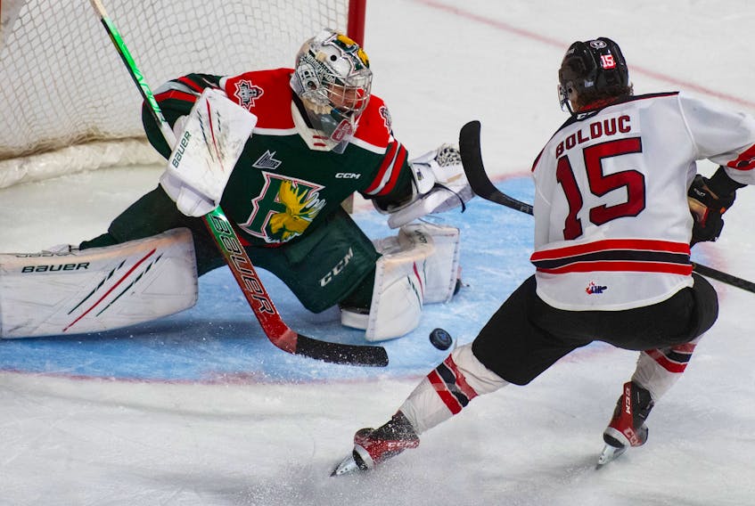 Halifax Mooseheads goalie Mathis Rousseau makes a second-period save on Quebec Remparts left wing Zachary Bolduc during QMJHL finals action in Halifax on Wednesday, May 17, 2023.
Ryan Taplin - The Chronicle Herald