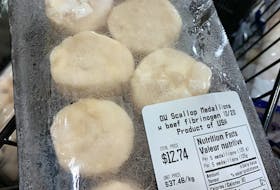 Scallop medallions with beef fibrinogen, at roughly $37.50 a kilogram (as of May 17, 2023) are a lot cheaper than whole scallops, but pricier than their component parts — small bay scallops, which cost about $26.50 per kilogram in St. John’s. — Pam Frampton