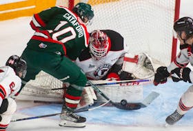 Halifax Mooseheads left wing Mathieu Cataford barges in on Quebec Remparts goalie William Rousseau during the first period of QMJHL final action in Halifax on Wednesday, May 17, 2023.
Ryan Taplin - The Chronicle Herald