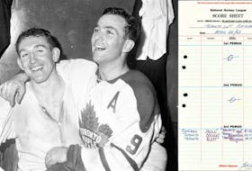 Toronto Maple Leafs’ stars Dick Duff (right) and Bob Nevin are shown after winning the Stanley Cup in 1962. Nevin tied the championship game in the third period and Duff scored the game-winner as the Leafs edged Chicago 2-1. Contributed
