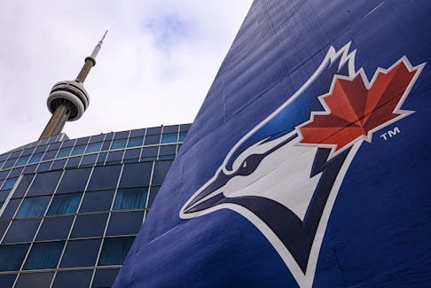 The Blue Jays logo is pictured ahead of MLB baseball action in Toronto on Wednesday, April 27, 2022. 